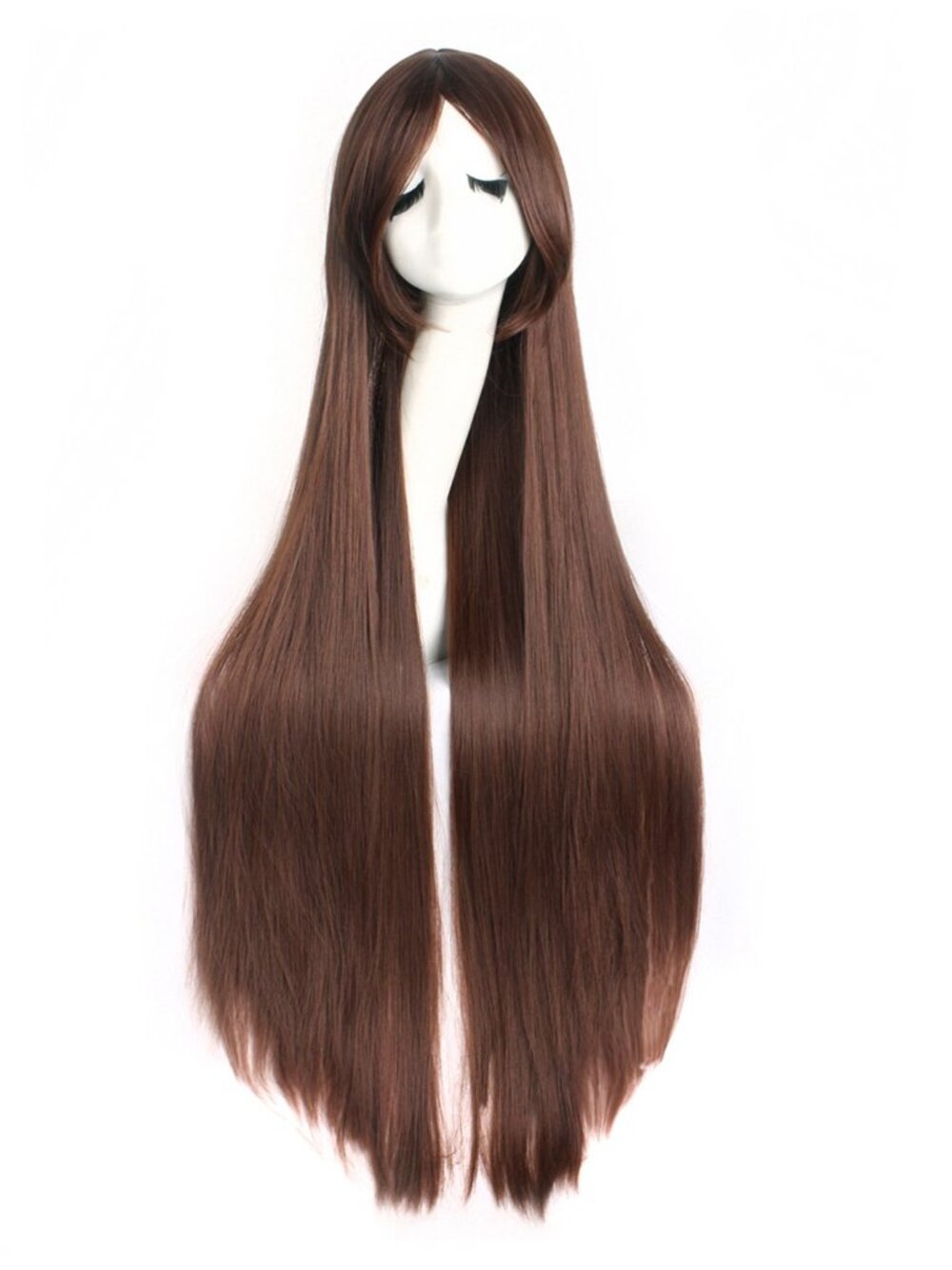MapofBeauty 40 Inch Oblique Bangs Anime Long Straight Wig, Dark Brown NWOT